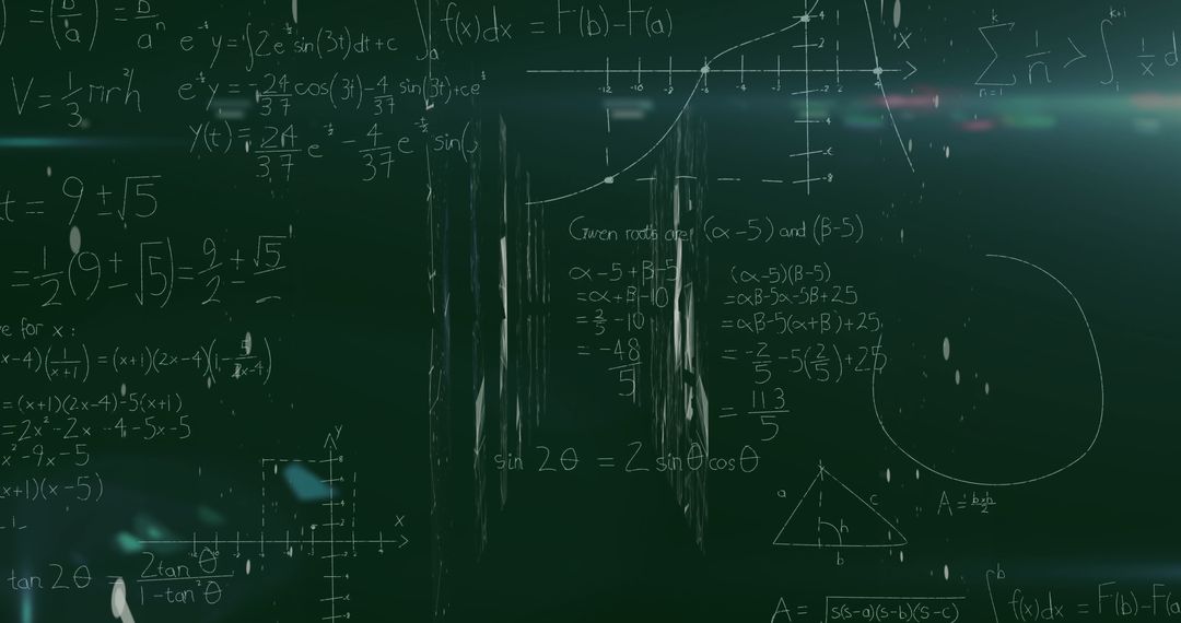 Chalkboard with Complex Math Equations and Chalk Dust in Classroom