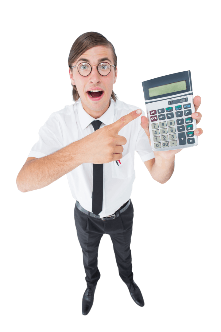 Excited Businessman with Large Transparent Calculator