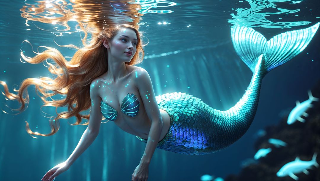 Enchanting Mermaid in Serene Underwater World with Iridescent Tail