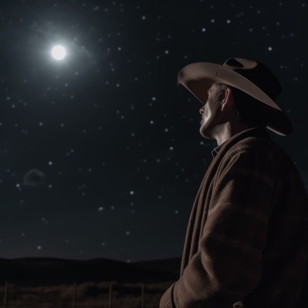 Cowboy Gazing at the Night Sky Under the Full Moon - Free Images, Stock Photos and Pictures on Pikwizard.com