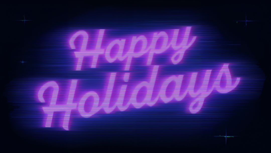 Neon cursive Happy Holidays glowing with retro VHS scanline, glitch glow, nostalgic vibe