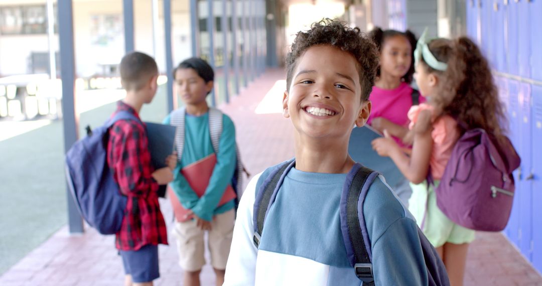 Diverse Group of Schoolchildren Socializing in Corridor