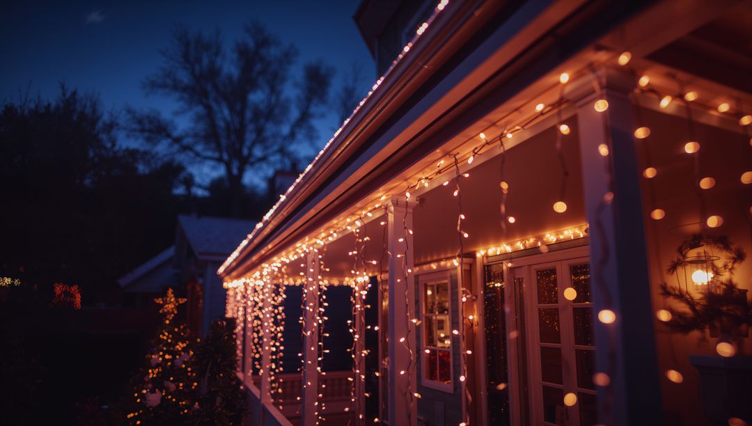 Hanging Icicle String Lights Above Porch at Dusk