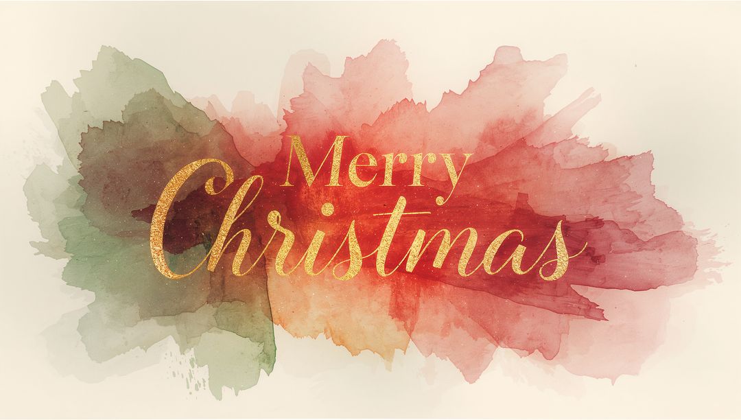 Displaying gold script Merry Christmas over watercolor red and green splash with metallic foil