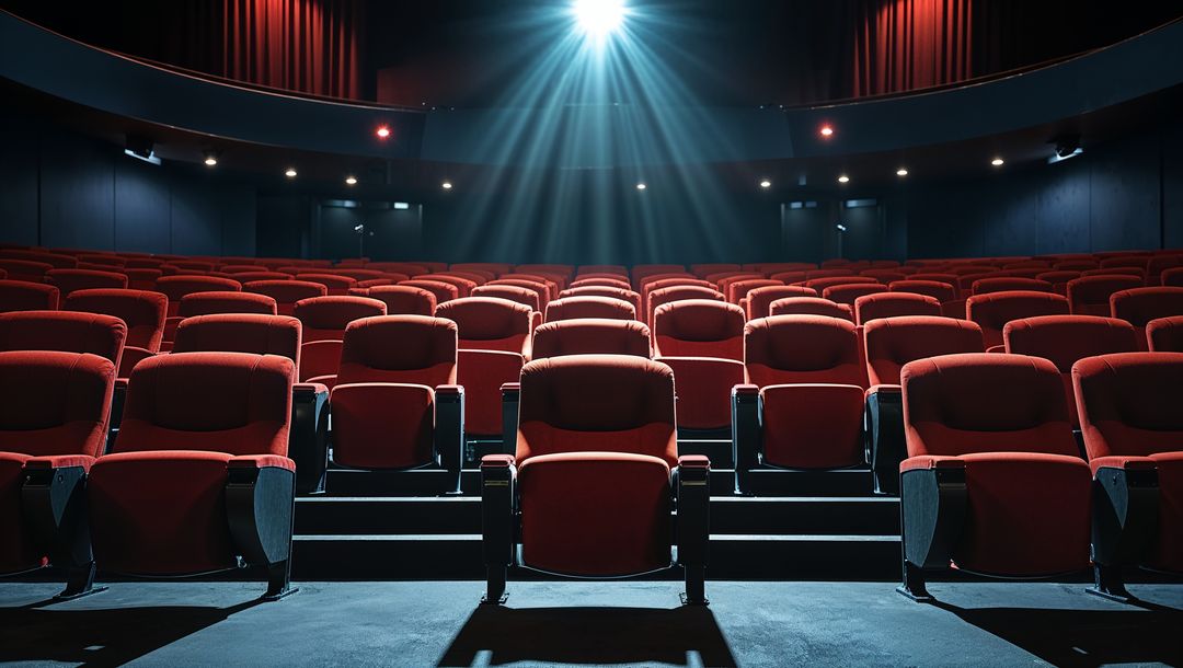 Empty Theater Auditorium with Red Plush Seats Under Spotlight