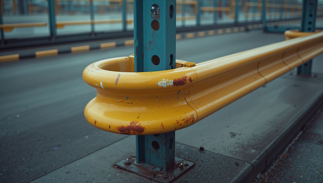 Yellow Guardrail with Rust on Teal Support in Urban Setting