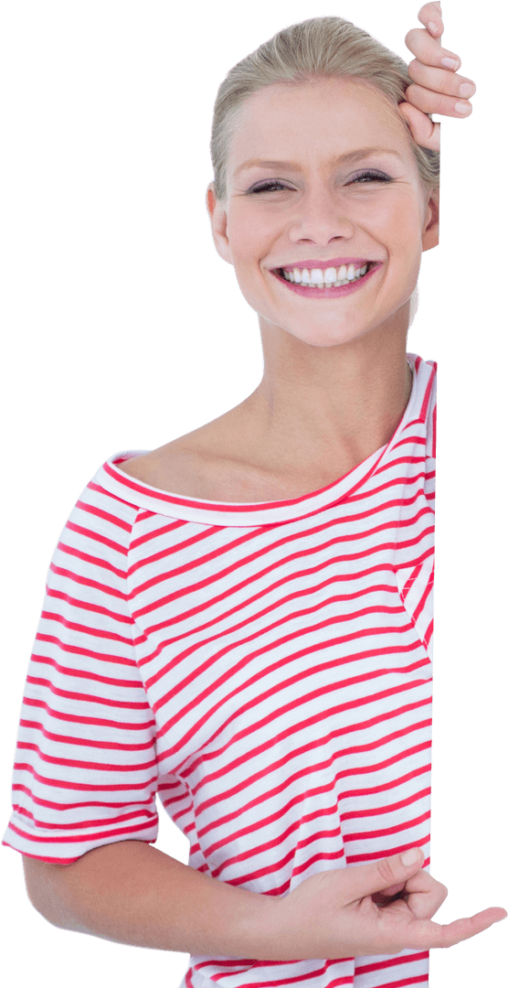 Happy Caucasian Woman Smiling And Pointing On Transparent Background