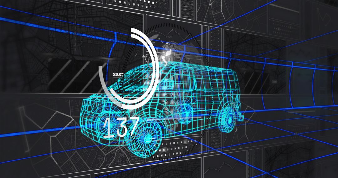 Cyan wireframe van with HUD gauge 137 in futuristic 3D vehicle design interface, neon grid