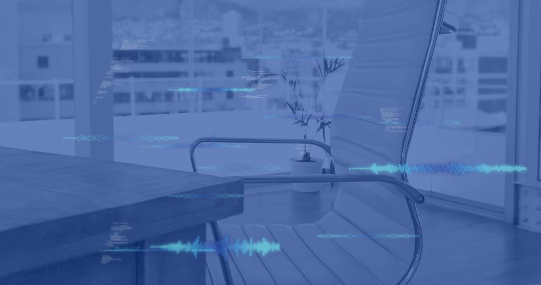 Empty modern boardroom showing sleek chair and wooden table with audio waveform overlay