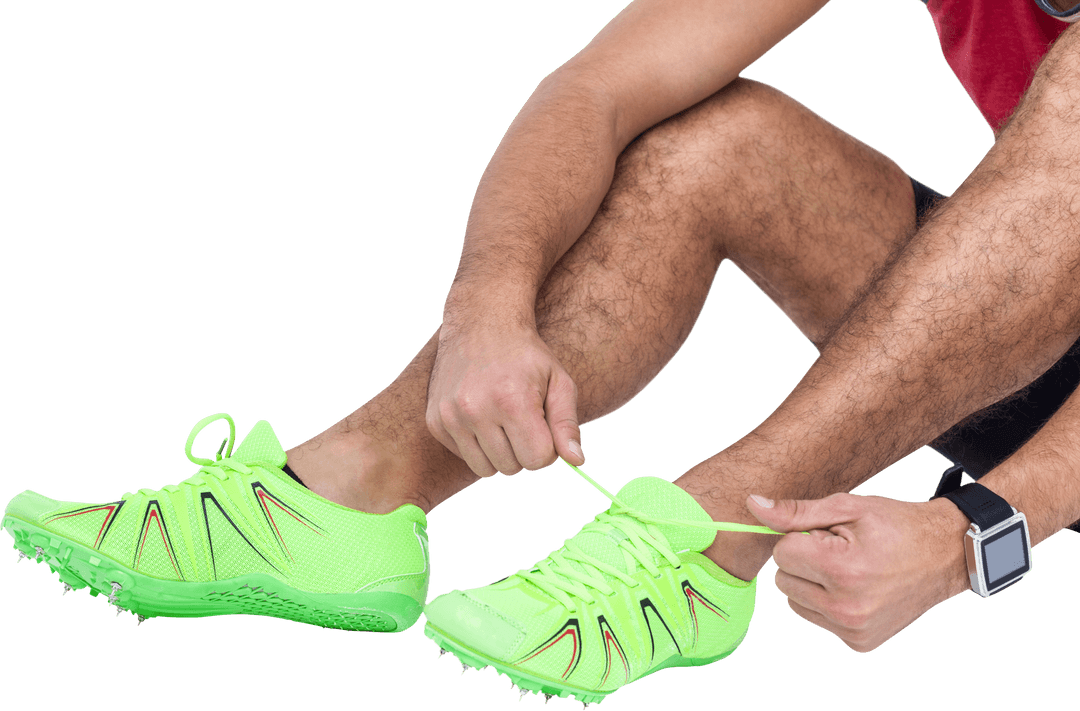 Athlete Tying Neon Green Running Shoes on Transparent Background