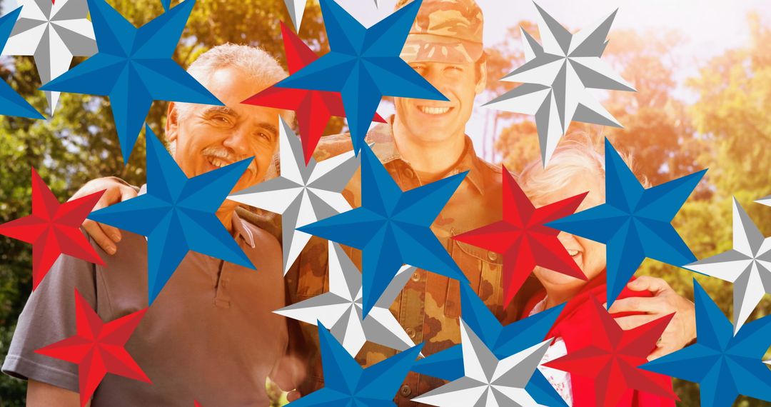 Patriotic Family Gathering with Soldier and Moving Stars Overlay