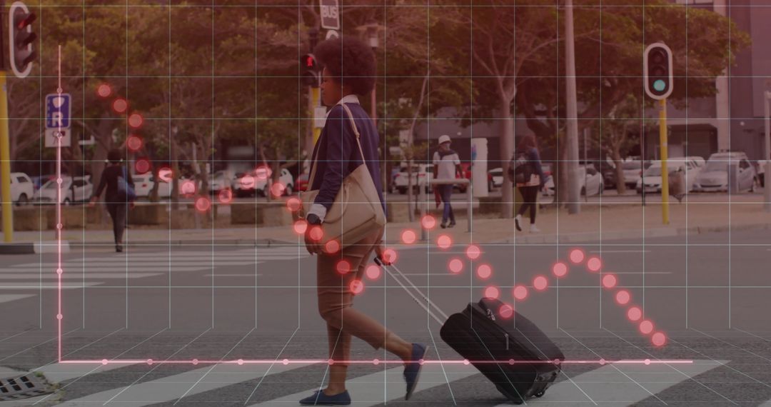 Woman Walking with Suitcase and Emerging Graph in Urban Crosswalk