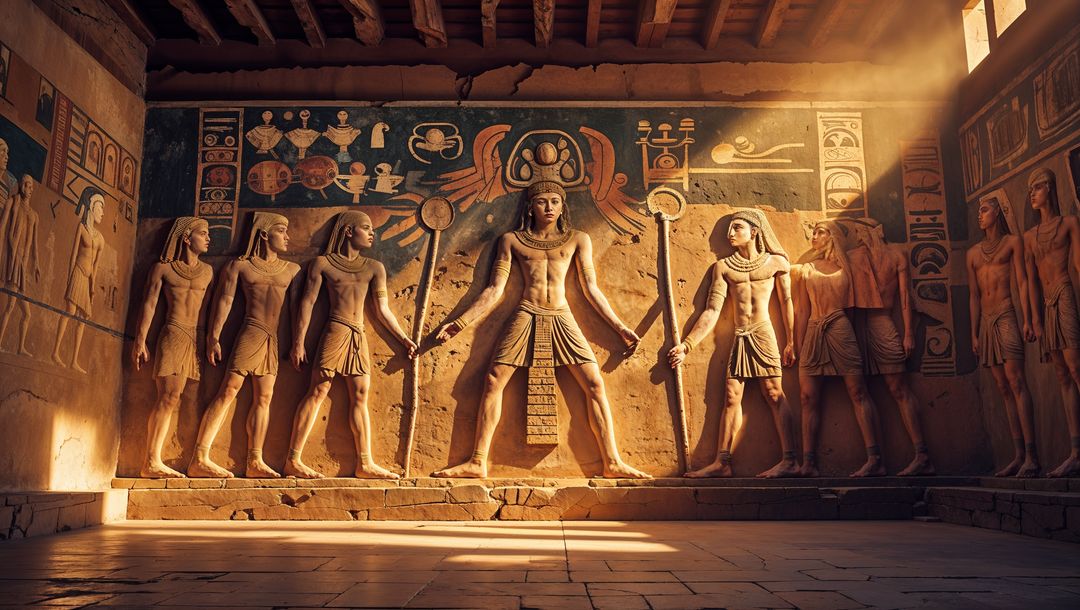 Ancient Egyptian Figures in Sunlit Temple with Hieroglyphics