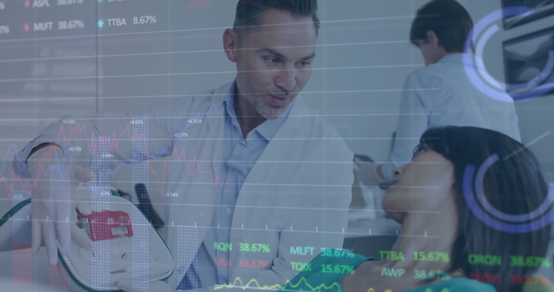 Dentist in Lab Coat Using Equipment with Stock Chart Overlays