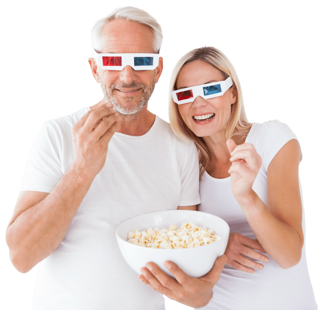 Joyful Couple Enjoying Popcorn with 3D Glasses, Transparent Background