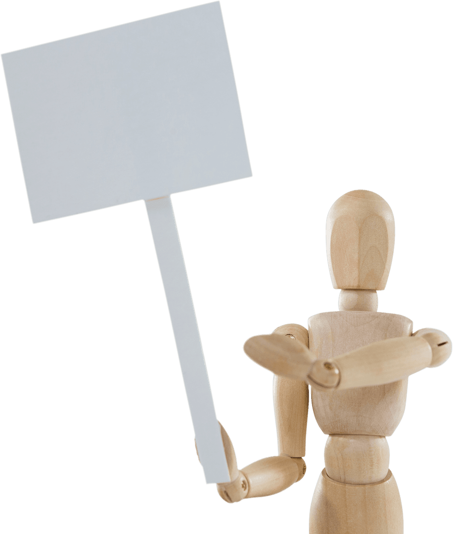 Wooden Figurine Holding Blank Transparent Sign for Custom Message