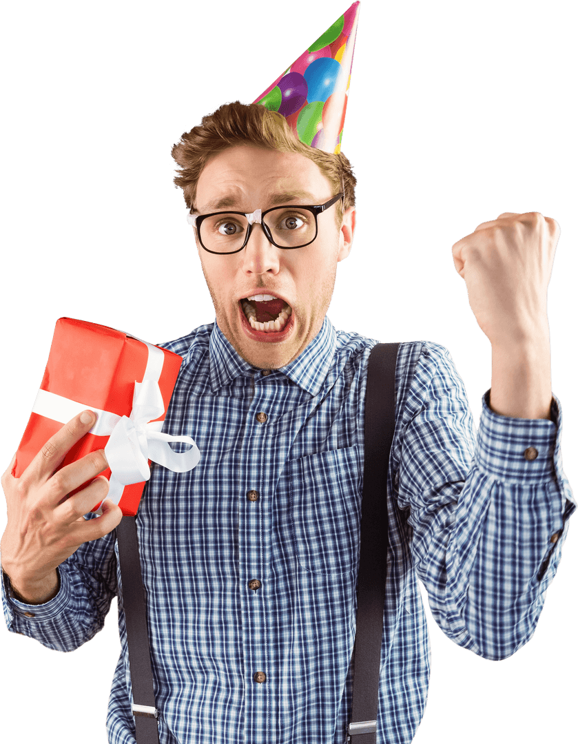 Excited Person in Party Hat with Gift Transparent Background