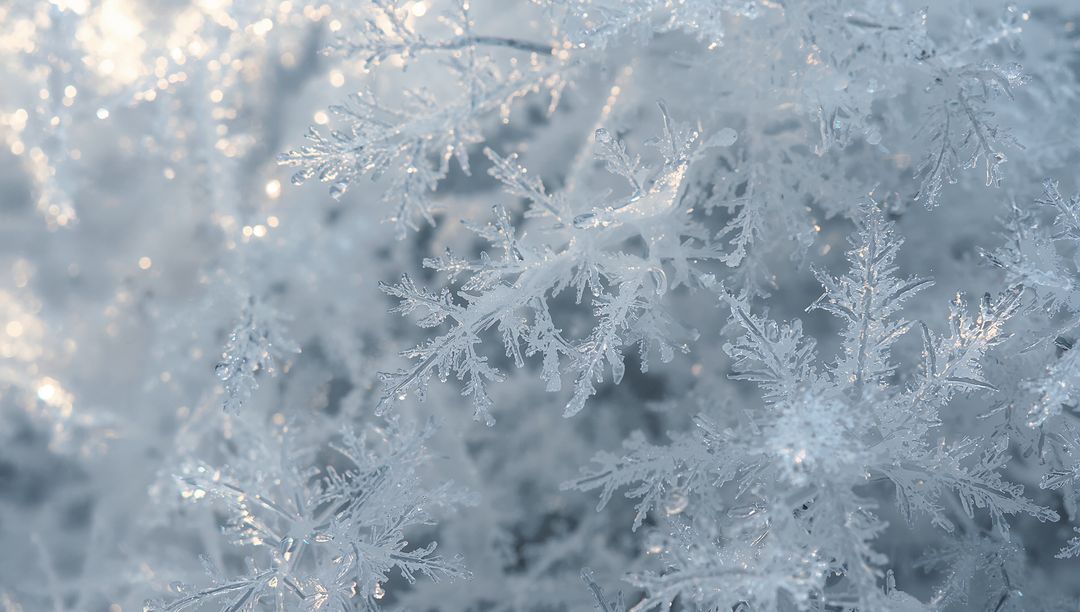Macro frost crystals and snowflakes sparkling with bokeh and ice details