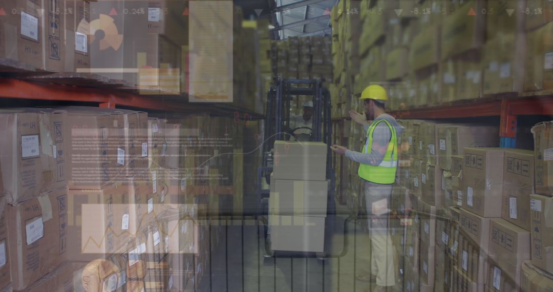 Warehouse Worker Scanning and Organizing Inventory with Forklift