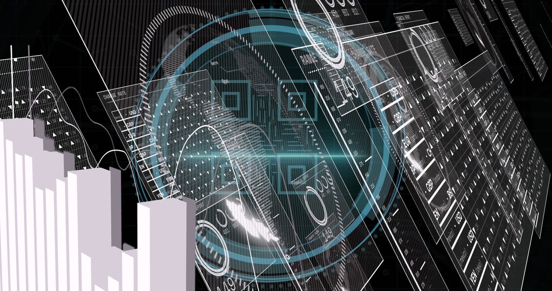 Holographic Data Hub with Rotating HUD and 3D Bar Chart