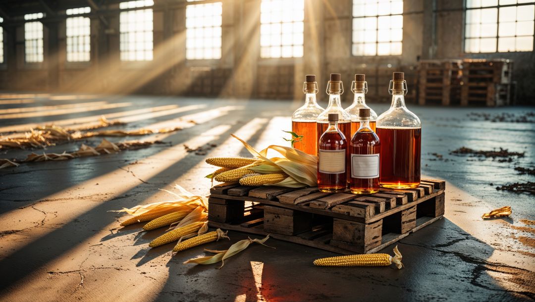 Artisanal corn syrup bottles in rustic warehouse