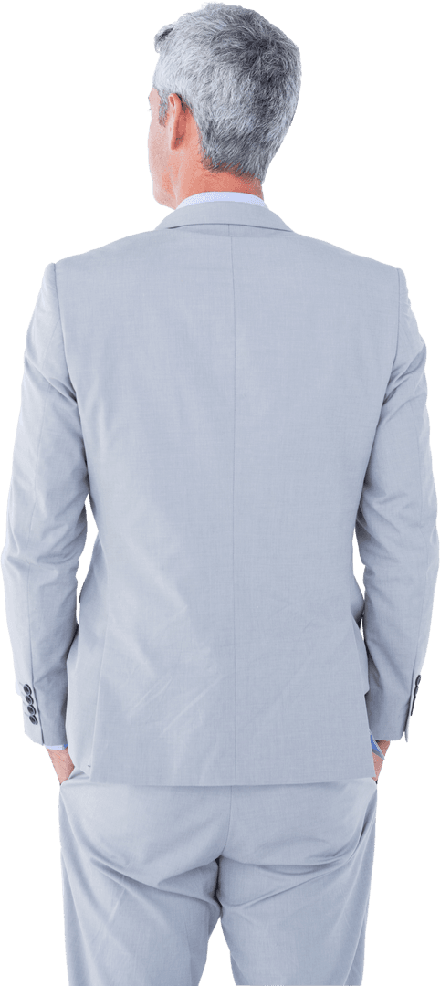 Businessman in Gray Suit Rear View Standing with Hands in Pockets Transparent Background