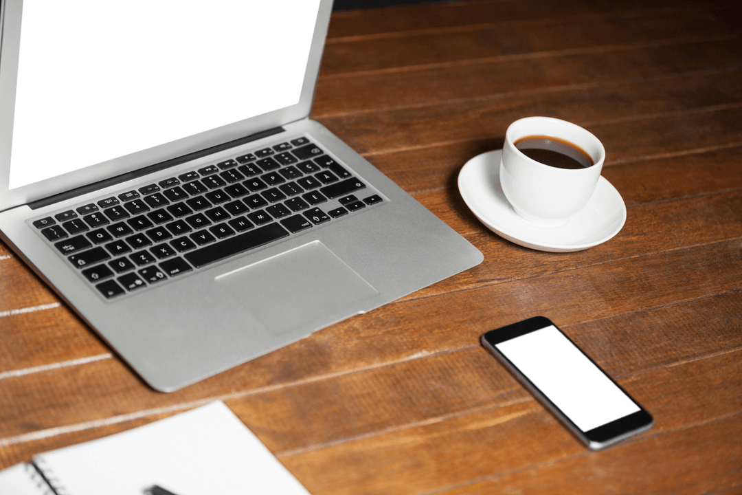 Transparent View Modern Office Desk with Coffee Laptop Phone