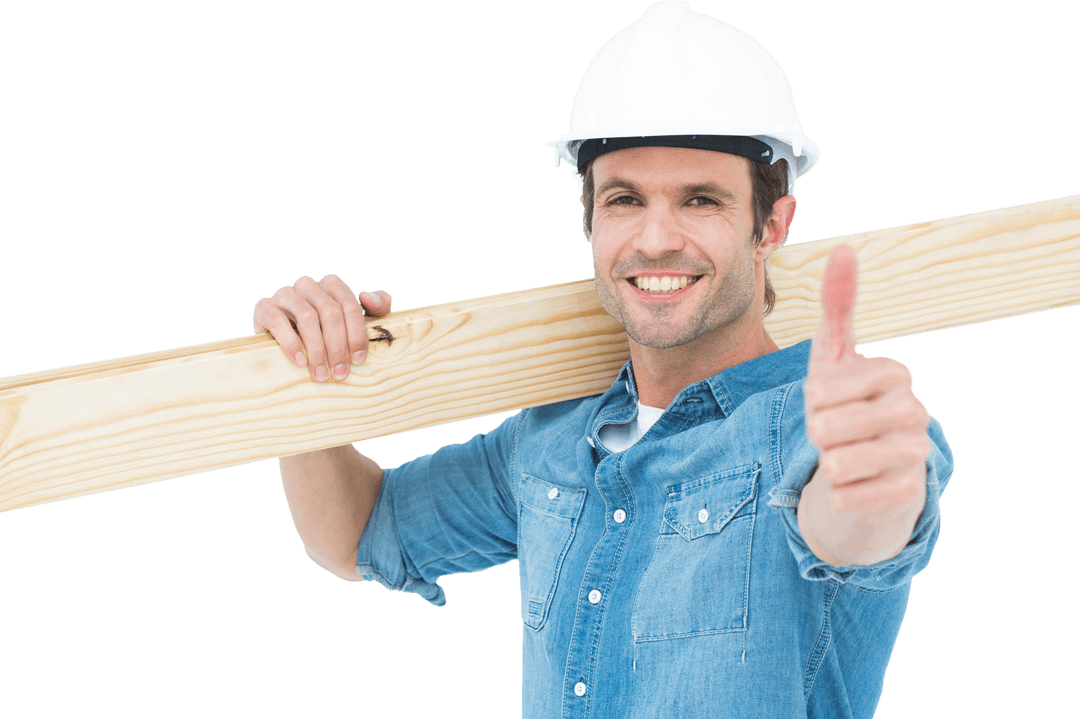 Transparent Confident Carpenter with Wooden Plank and Thumbs Up