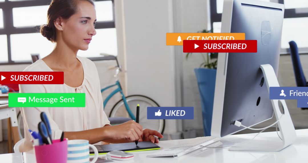 Businesswoman Analyzing Social Media Engagement in Office