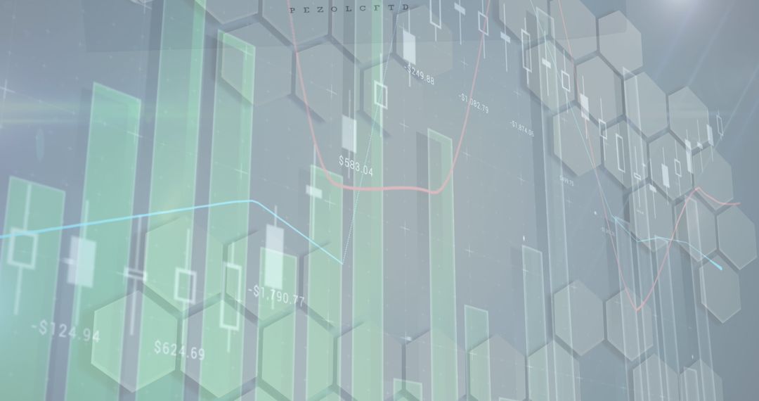 Digital Financial Data Charts with Hexagonal Overlay