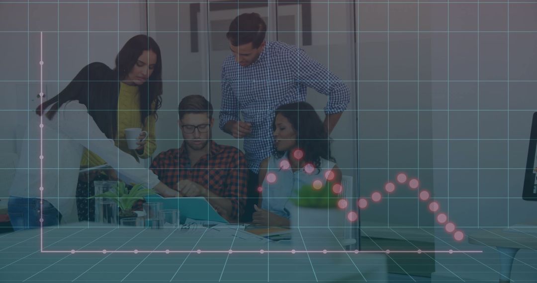 Team Collaborating with Data Graphics Presented on Digital Tablet