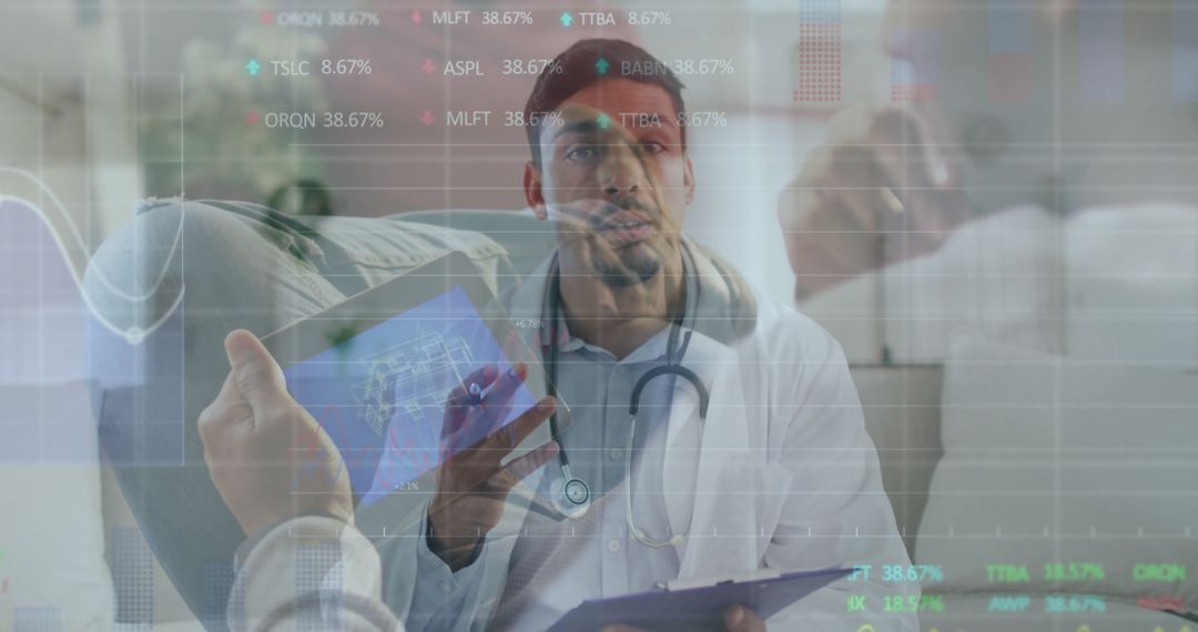 Doctor Analyzing Data on Tablet with Digital Medical Overlays