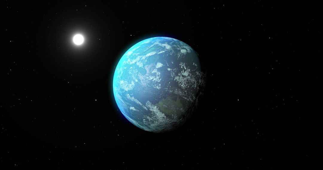 Distant Blue Planet with Luminous Sun in Vast Universe