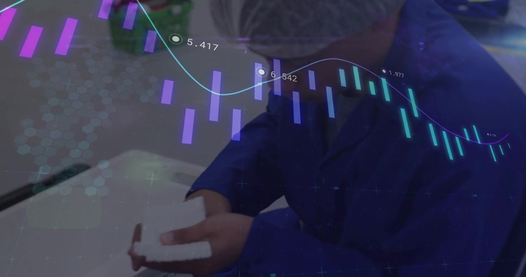 Technician Analyzing Component with Financial Chart Overlay