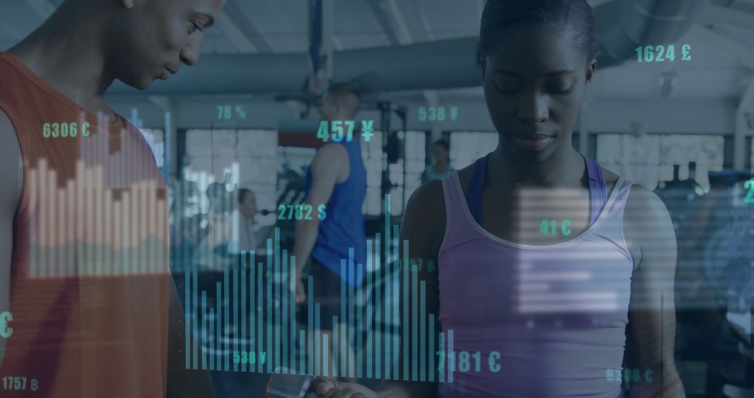 Fitness Enthusiasts Analyzing Advanced Data Metrics at Gym