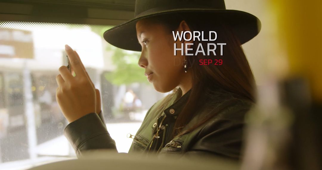 World Heart Day Awareness with Woman Using Smartphone on Bus
