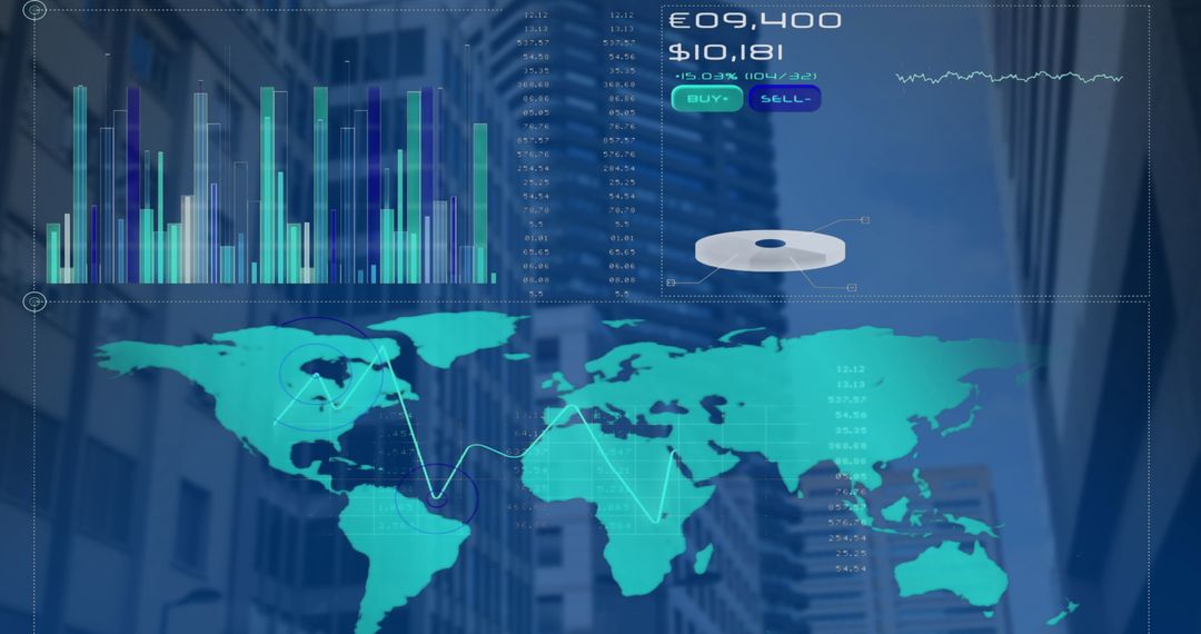 Digital Interface with Global Financial Data Over Cityscape