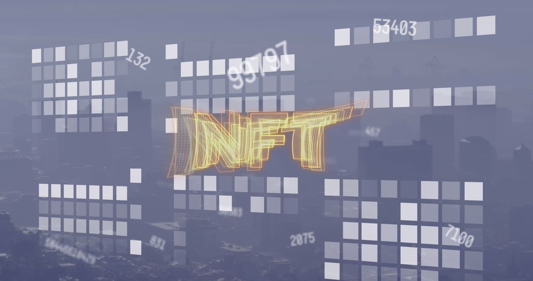 Golden NFT Wireframe Hovers Over Futuristic Metropolis Skyline