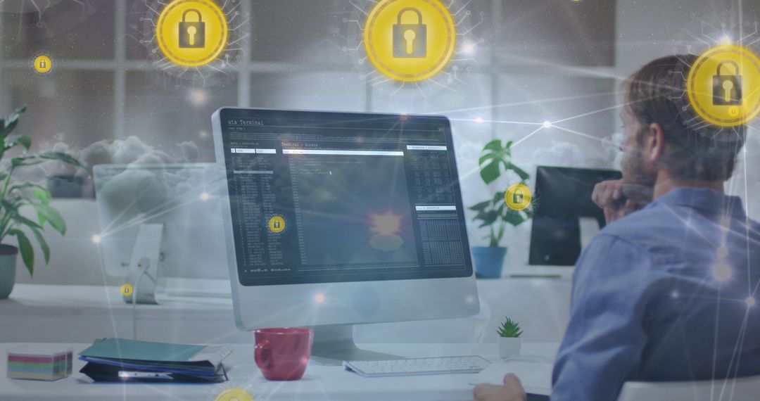 Man Ensures Data Security on Computer with Digital Lock Icons