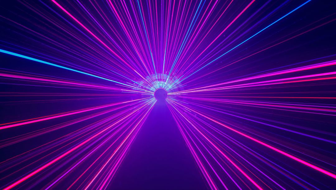 Neon Laser Tunnel Radiating Magenta Cyan Beams Toward Glowing Vortex with Symmetrical Rays