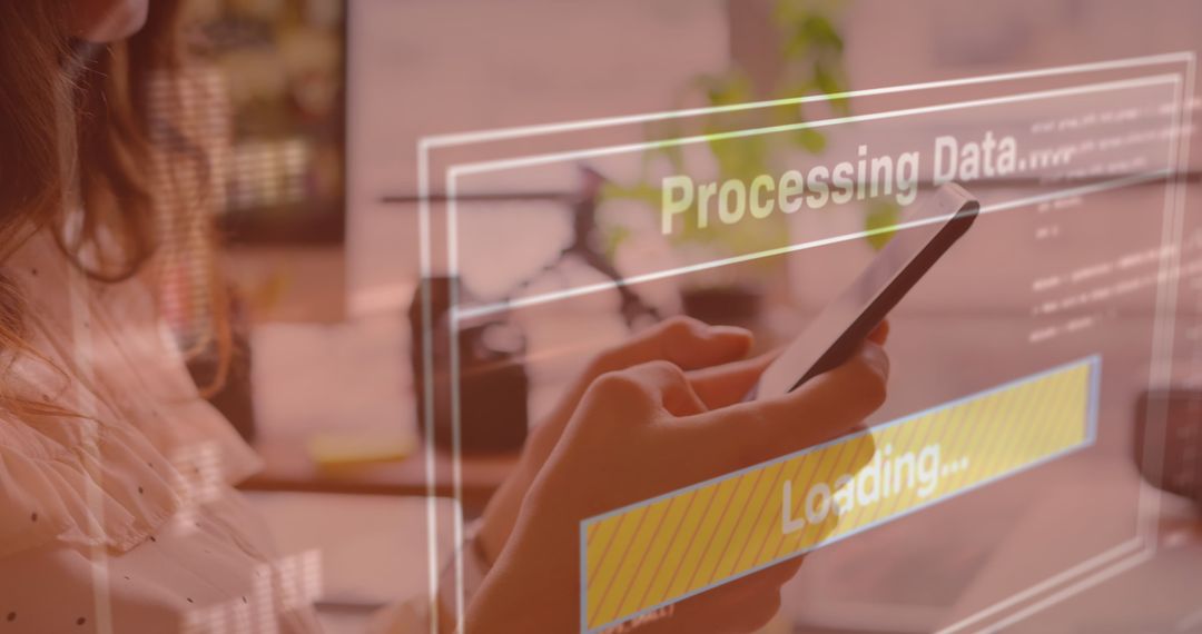 Woman Using Smartphone With Data Processing Overlay