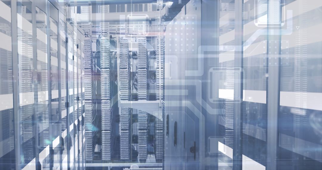 Server Room with Digital Overlay Symbolizing Technology and Security