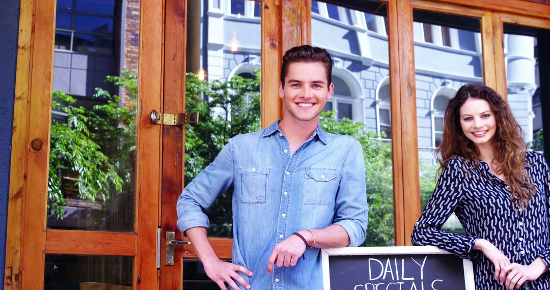 Smiling Young Adults Standing Outside Cafe with Daily Specials Sign - Free Images, Stock Photos and Pictures on Pikwizard.com