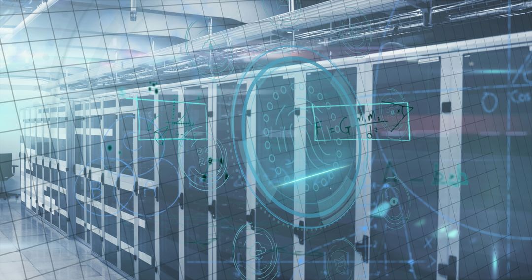 Digital Interface Hologram Over Modern Server Room