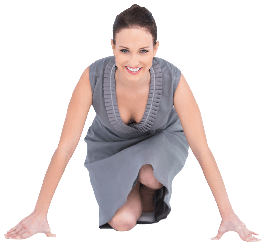 Smiling Woman in Starting Position on Transparent Background