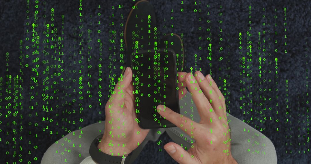 Hands Holding Smartphone with Binary Code Overlay