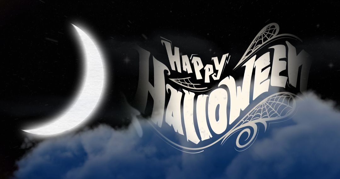 Happy Halloween Typography Over Night Sky with Crescent Moon and Clouds - Free Images, Stock Photos and Pictures on Pikwizard.com