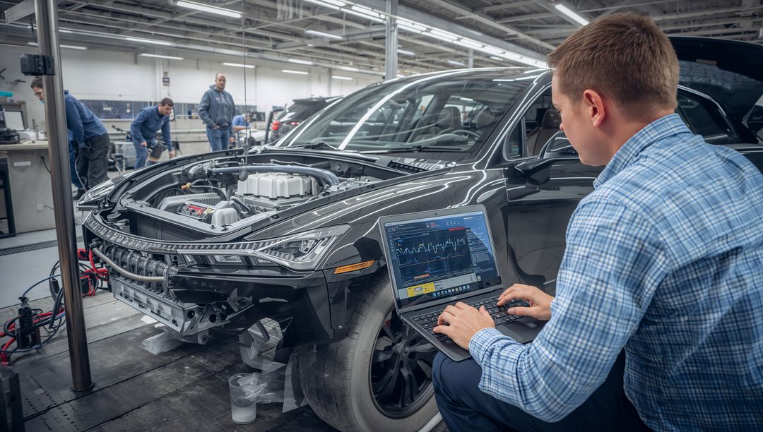 Engineer Inspecting Electric Vehicle Battery in Lab