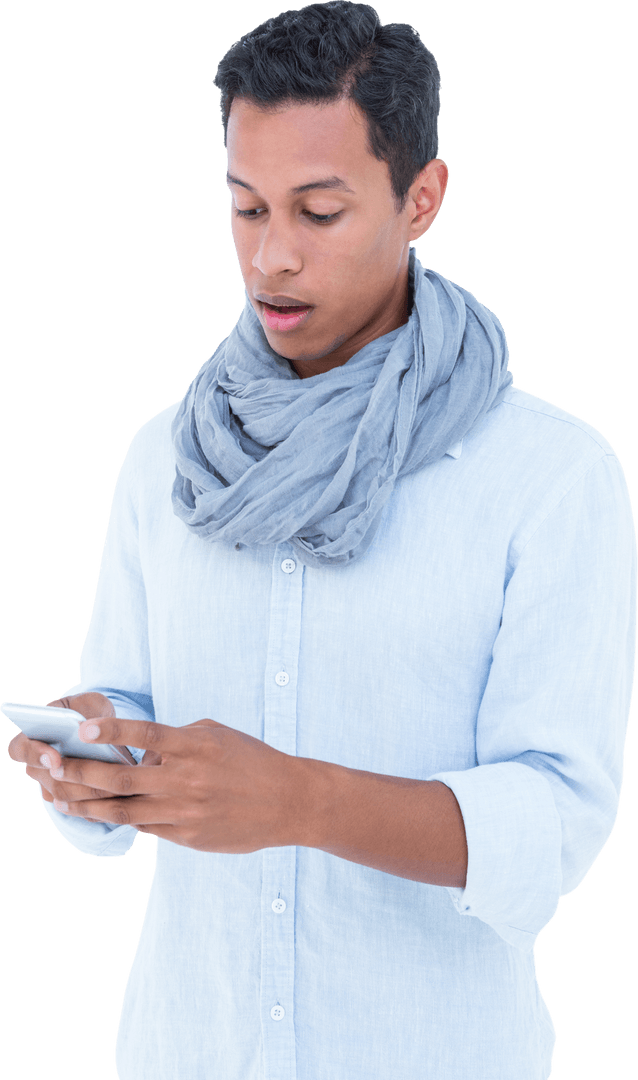Surprised Man Using Phone in Casual Attire Transparent Background