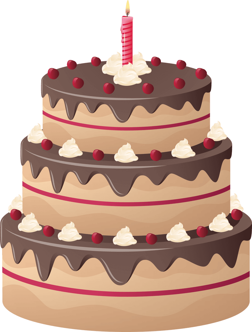 Three-Tier Chocolate Birthday Cake with Candle on Transparent Background
